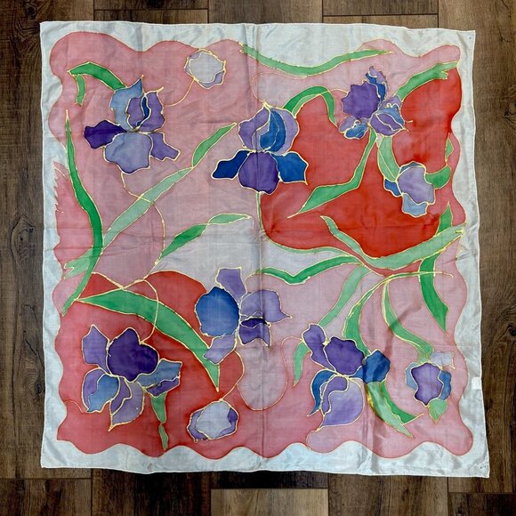 Vintage Accessories - Vintage Silk Handpainted Scarf Watercolor Hand rolled Pastel